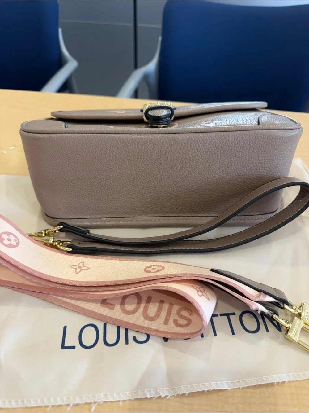 Louis Vuitton Taupe Crossbody with Pale Pink Monogram Accents
